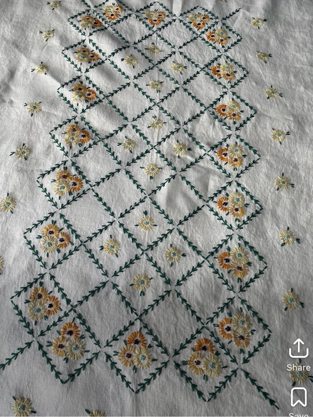 Large Off White Yellow / Gold / Green Hand Embroidered Tablecloth - Picture 2 of 4